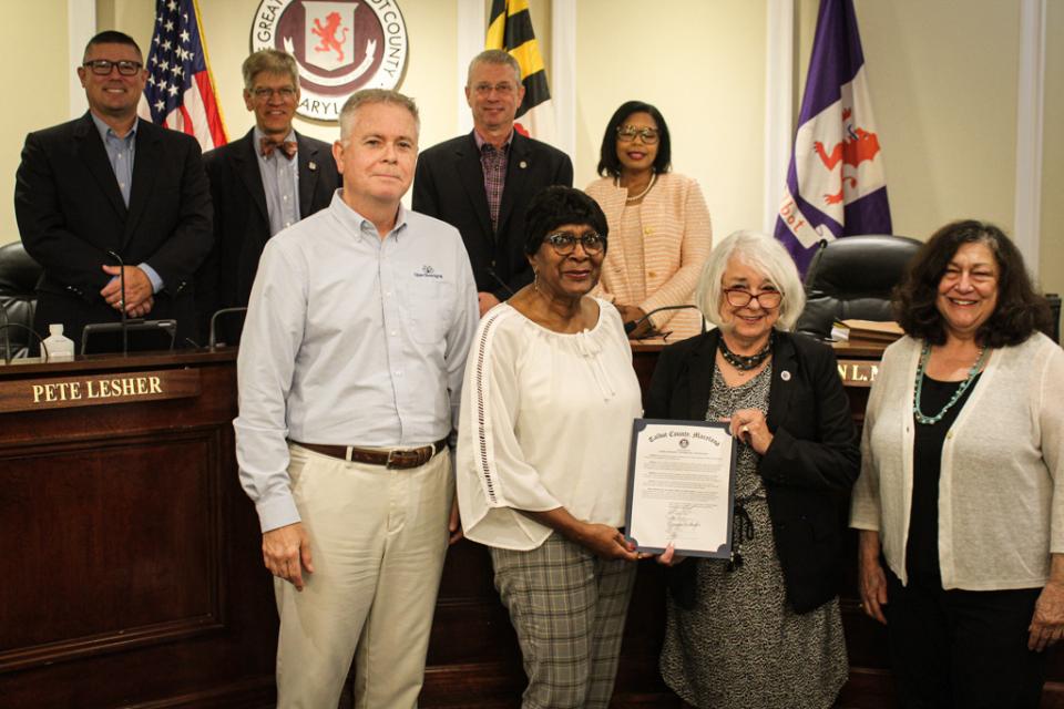 Andy Hollis, Childlene Brooks, and Ann DeMart accept “National Senior Center Month, September 2023” proclamation from Council Member Lynn Mielke.