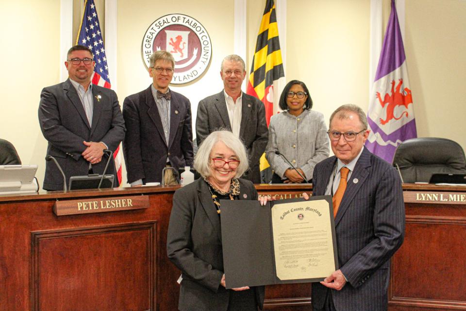 Council Member Lynn Mielke presents Council Commendation to Judge Kehoe for his many years of service to Talbot County and surrounding counties.