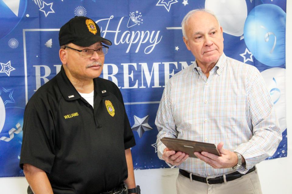 Department of Corrections Director Terry Kokolis (left), offers remarks about Lt. William's 33 Years of Service.