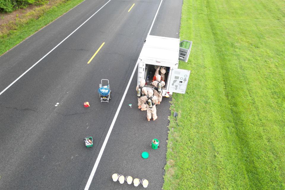 Personal monitored the hazmat operation from a safe distance with the assistance of a live feed.