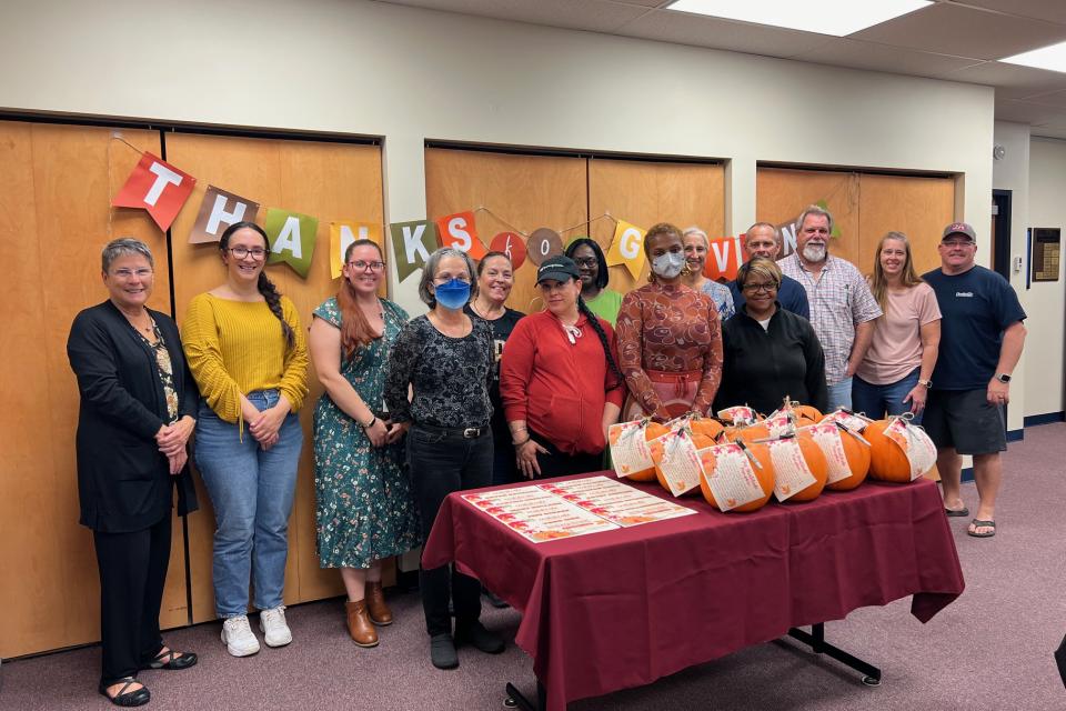 Pictured left to right are Linda Webb, Director of TCDSS; Jaqueline Winslow, Chrissy Montague, Coordinator of Option Respite &amp; Parent Education at DCDSS; Dr. Frances Seymour, Jeanne Scharf, Meaghan Davis, Kathy Jenkins, Dr. Tara Doaty, and others.