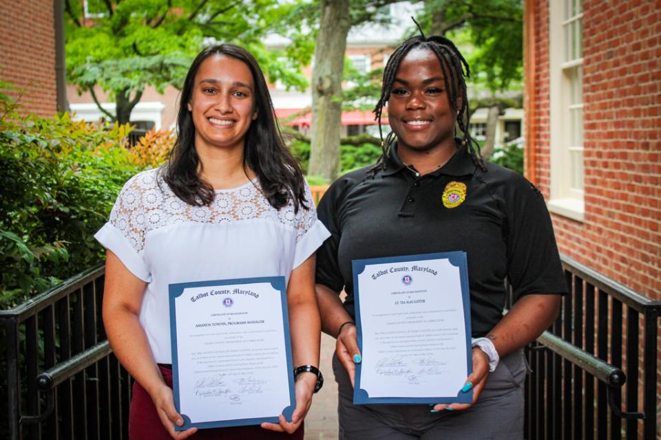 Amanda Tondin, Programs Manager, and Lt. Tia Slaughter are recognized at Talbot County's Correctional Employee and Officer of the Year, respectively.